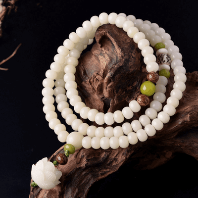 White Jade Bodhi Seed Mala - 108 Beads Bracelet/Necklace - Buddha & Karma