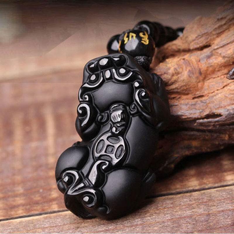 Black Obsidian Pixiu Necklace - Wealth Protection - Buddha & Karma