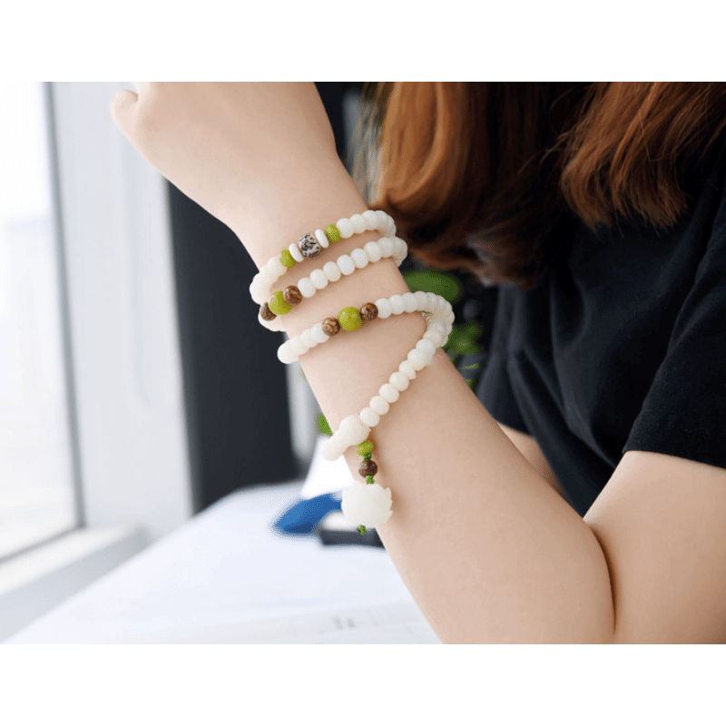 White Jade Bodhi Seed Mala - 108 Beads Bracelet/Necklace - Buddha & Karma