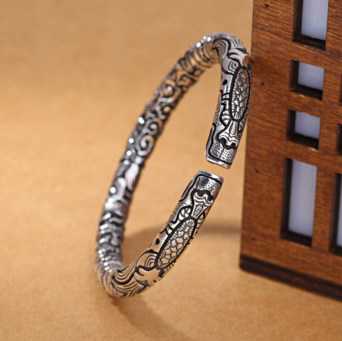 Ancient Silver Dragon Cuff Bracelet - Buddha & Karma