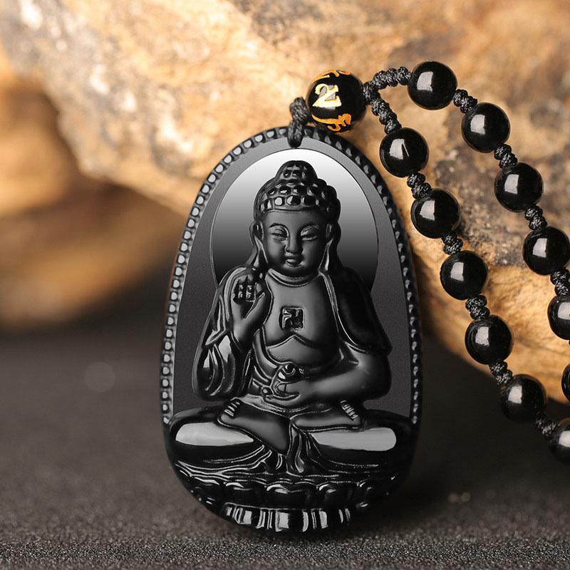 Black Obsidian Buddha Necklace Pendant - Protection & Courage - Buddha & Karma