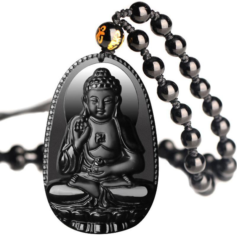 Black Obsidian Buddha Necklace Pendant - Protection & Courage - Buddha & Karma