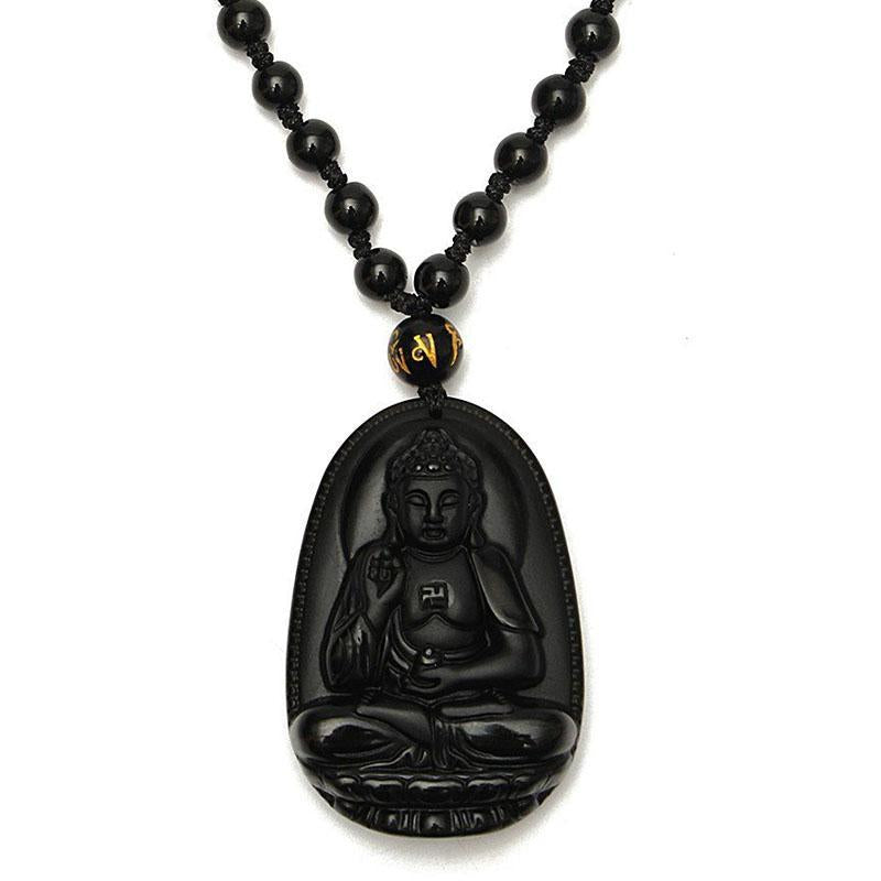 Black Obsidian Buddha Necklace Pendant - Protection & Courage - Buddha & Karma