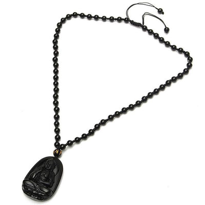 Black Obsidian Buddha Necklace Pendant - Protection & Courage - Buddha & Karma