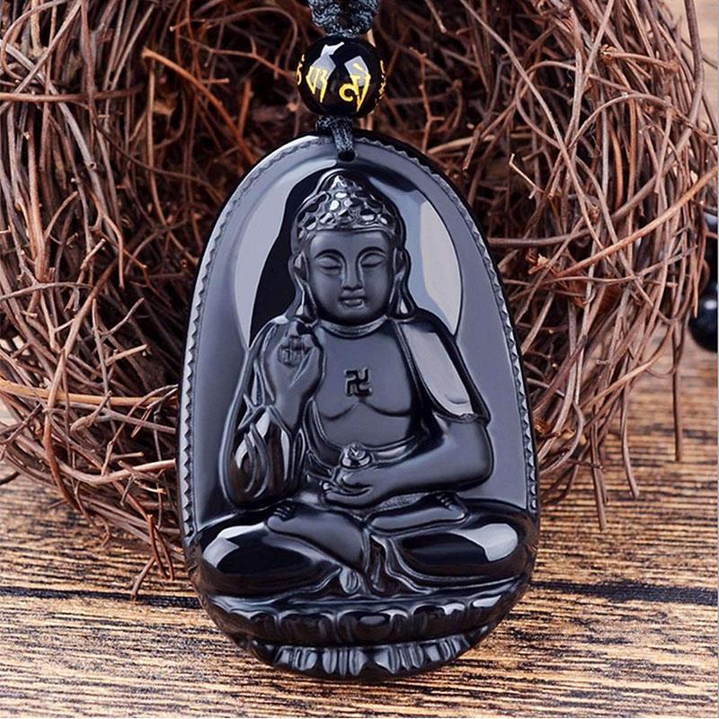 Black Obsidian Buddha Necklace Pendant - Protection & Courage - Buddha & Karma