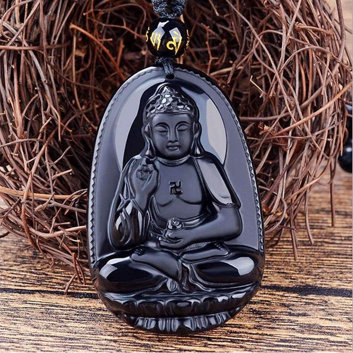 Black Obsidian Buddha Necklace Pendant - Protection & Courage - Buddha & Karma