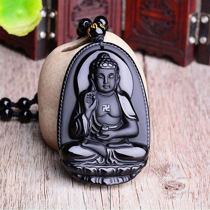 Black Obsidian Buddha Necklace Pendant - Protection & Courage - Buddha & Karma