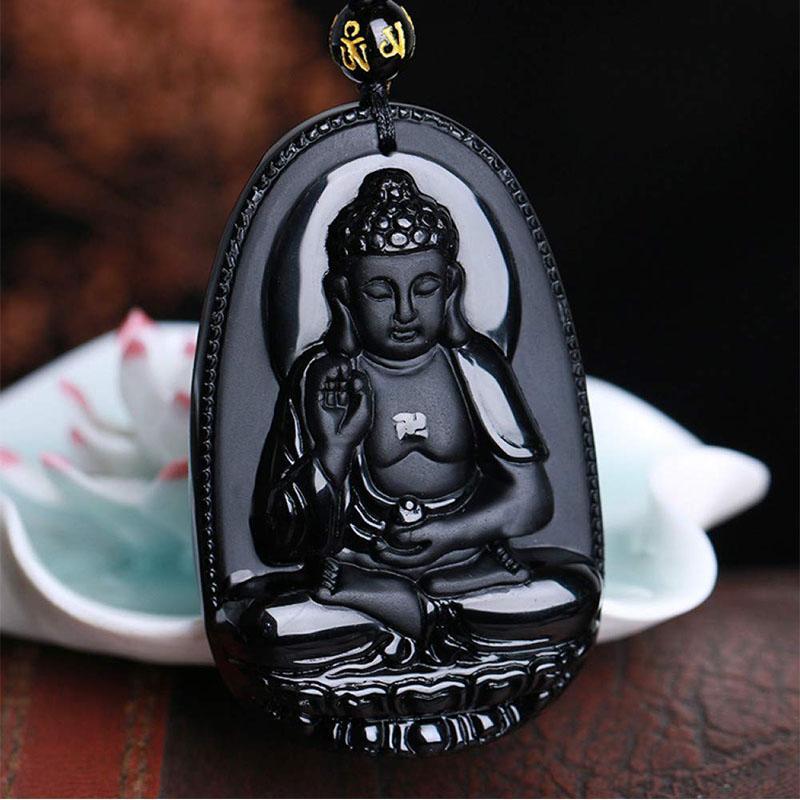 Black Obsidian Buddha Necklace Pendant - Protection & Courage - Buddha & Karma