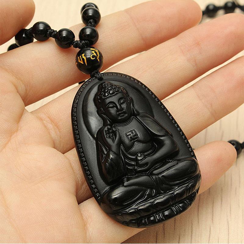 Black Obsidian Buddha Necklace Pendant - Protection & Courage - Buddha & Karma