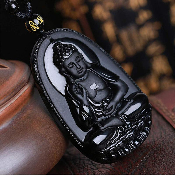 Black Obsidian Buddha Necklace Pendant - Protection & Courage - Buddha & Karma