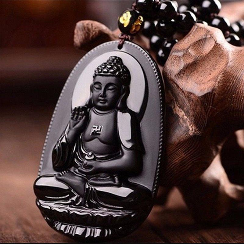 Black Obsidian Buddha Necklace Pendant - Protection & Courage - Buddha & Karma