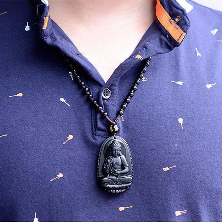 Black Obsidian Buddha Necklace Pendant - Protection & Courage - Buddha & Karma