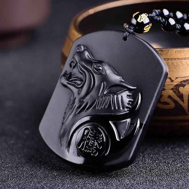 Black Obsidian Wolf Protection Necklace Wolf Pendant - Buddha & Karma