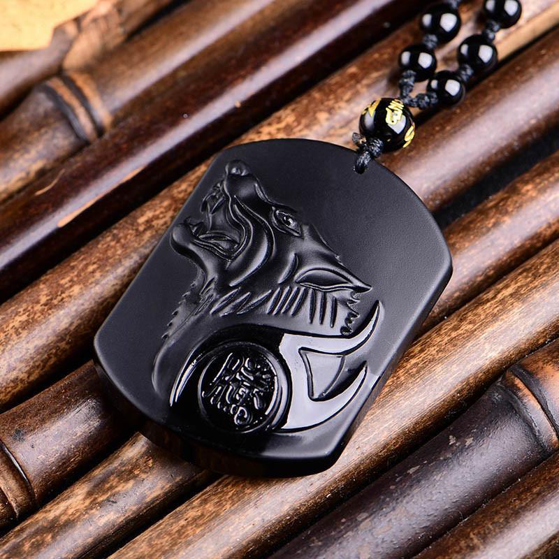 Black Obsidian Wolf Protection Necklace Wolf Pendant - Buddha & Karma