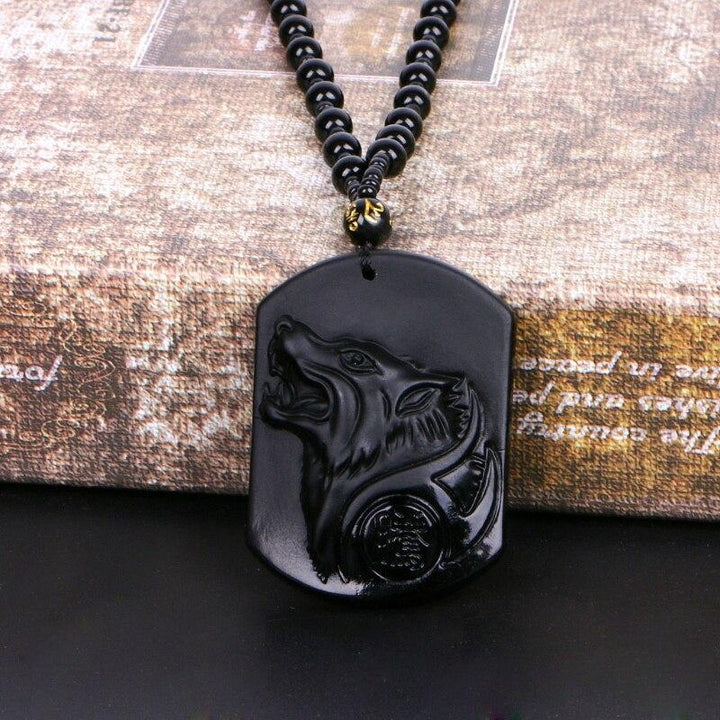 Black Obsidian Wolf Protection Necklace Wolf Pendant - Buddha & Karma