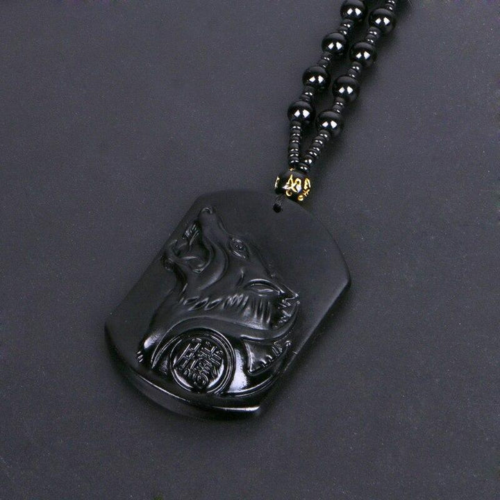 Black Obsidian Wolf Protection Necklace Wolf Pendant - Buddha & Karma