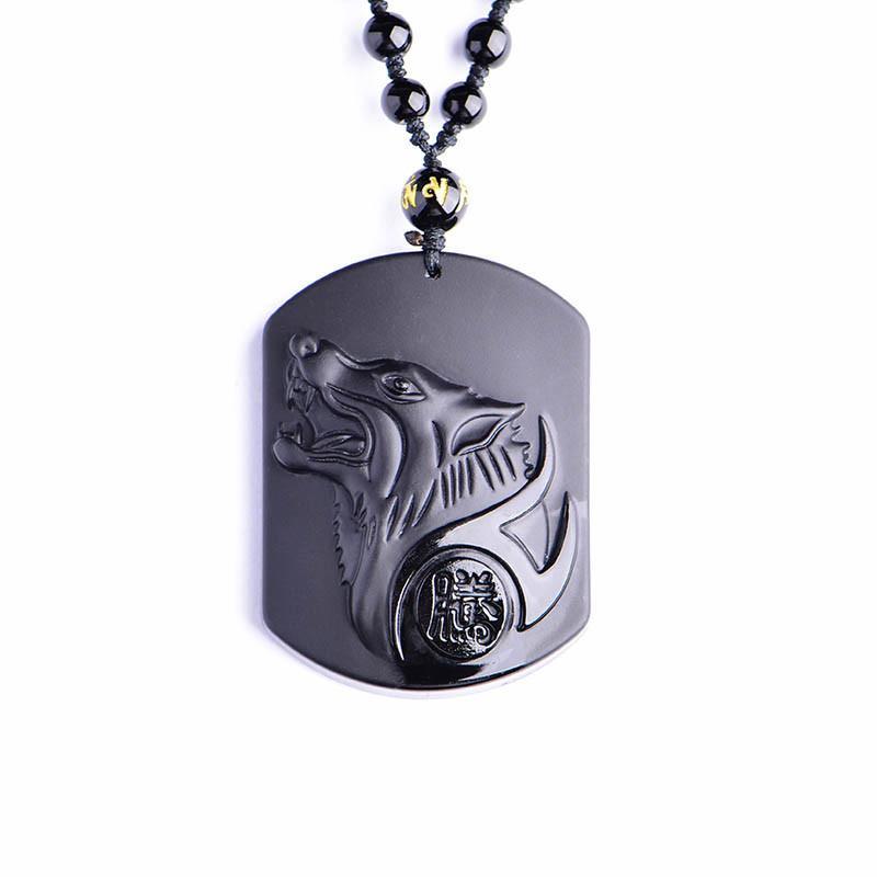 Black Obsidian Wolf Protection Necklace Wolf Pendant - Buddha & Karma