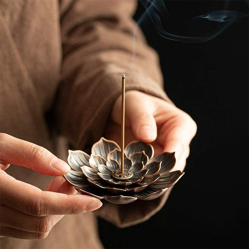 Bronze Lotus Incense Burner - For Inner Peace - Buddha & Karma