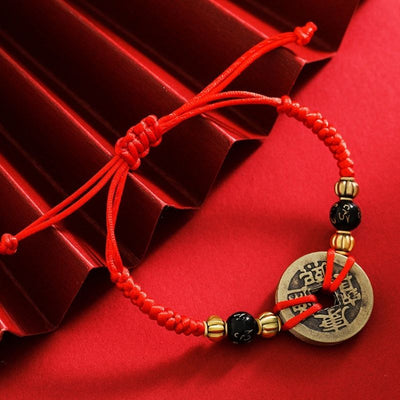 Chinese Lucky Coins Bracelet - Five Emperor Coins Feng Shui - Buddha & Karma