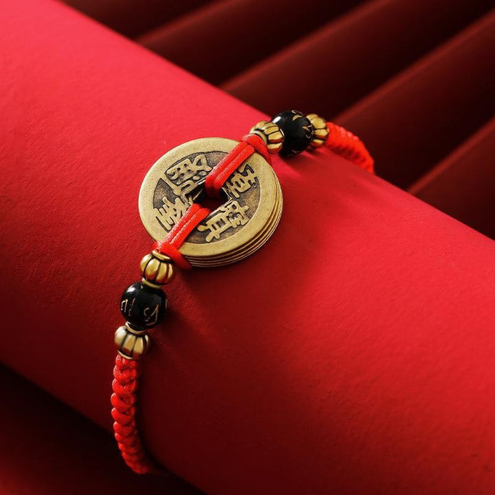 Chinese Lucky Coins Bracelet - Five Emperor Coins Feng Shui - Buddha & Karma