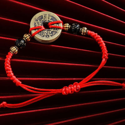 Chinese Lucky Coins Bracelet - Five Emperor Coins Feng Shui - Buddha & Karma