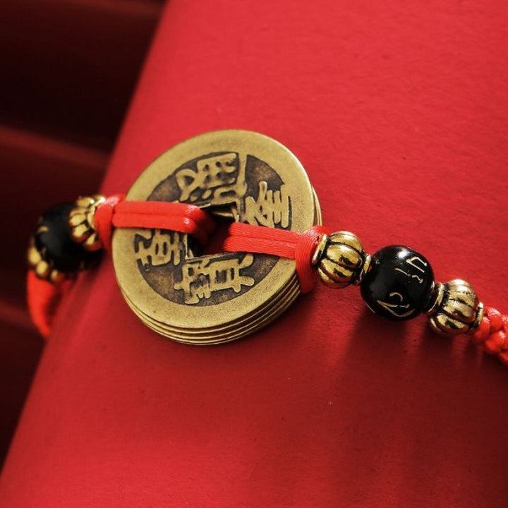 Chinese Lucky Coins Bracelet - Five Emperor Coins Feng Shui - Buddha & Karma