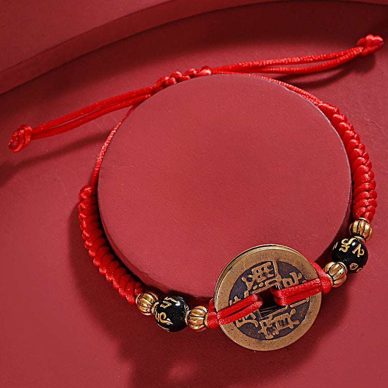 Chinese Lucky Coins Bracelet - Five Emperor Coins Feng Shui - Buddha & Karma