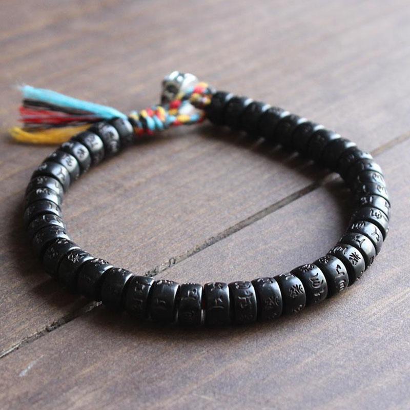 Coconut Shell Beads Bracelet with engraved Mantra - Attract Wisdom & Boost Spiritual Energy - Buddha & Karma
