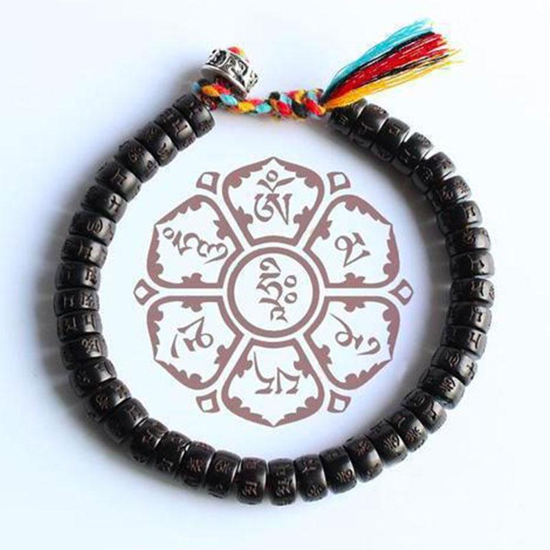 Coconut Shell Beads Bracelet with engraved Mantra - Attract Wisdom & Boost Spiritual Energy - Buddha & Karma