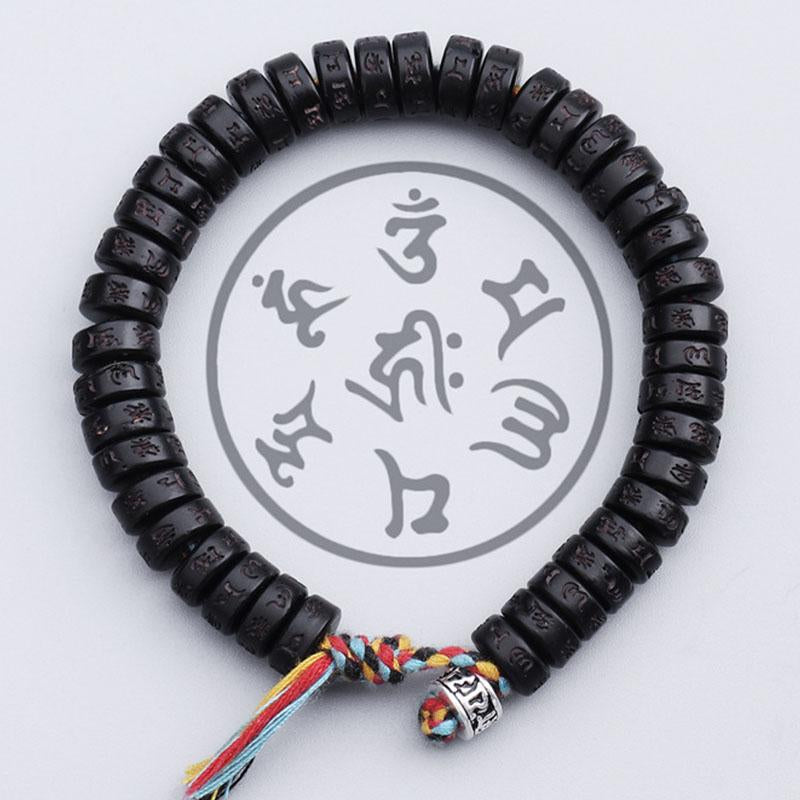 Coconut Shell Beads Bracelet with engraved Mantra - Attract Wisdom & Boost Spiritual Energy - Buddha & Karma