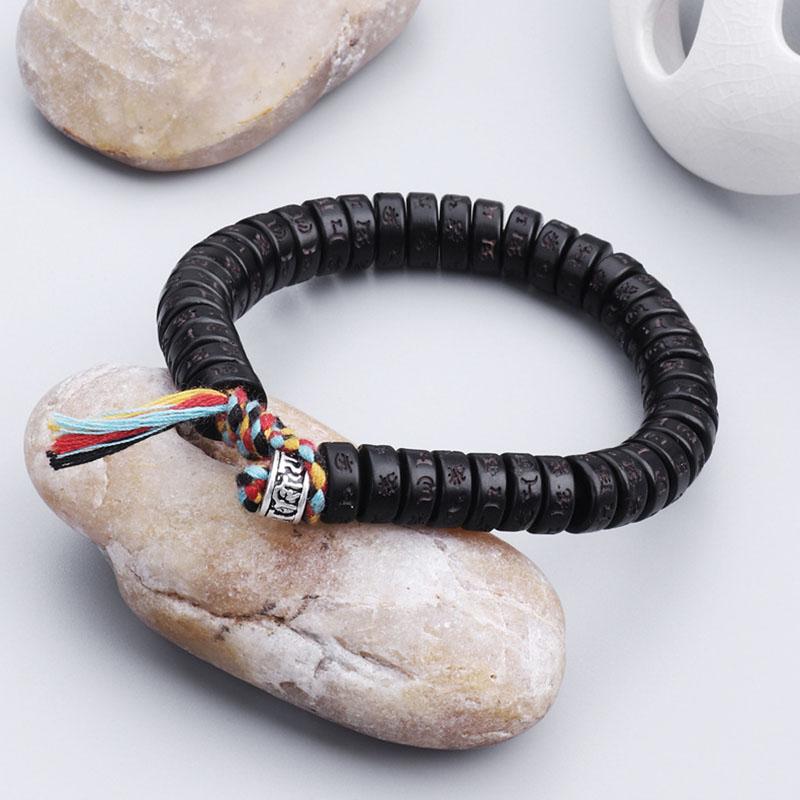 Coconut Shell Beads Bracelet with engraved Mantra - Attract Wisdom & Boost Spiritual Energy - Buddha & Karma