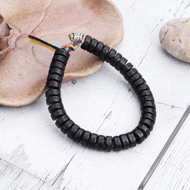 Coconut Shell Beads Bracelet with engraved Mantra - Attract Wisdom & Boost Spiritual Energy - Buddha & Karma