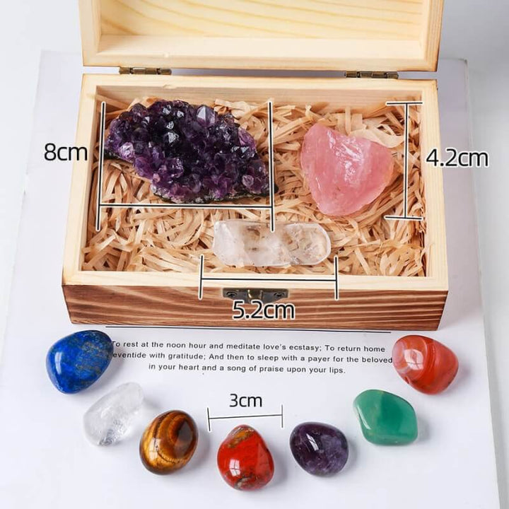 Crystal Box - Set of 7 Chakra Stones, Rose Quartz & Amethyst Cluster - Buddha & Karma