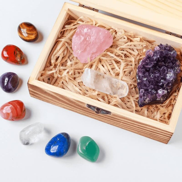 Crystal Box - Set of 7 Chakra Stones, Rose Quartz & Amethyst Cluster - Buddha & Karma