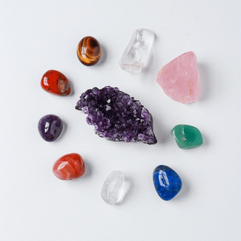 Crystal Box - Set of 7 Chakra Stones, Rose Quartz & Amethyst Cluster - Buddha & Karma