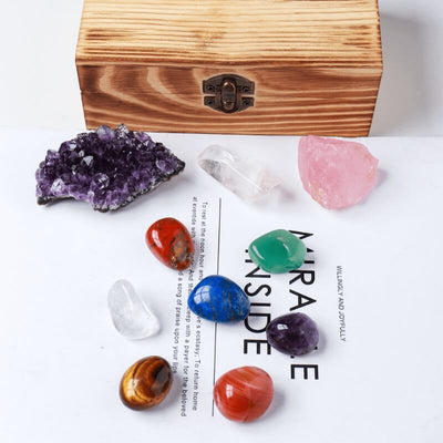 Crystal Box - Set of 7 Chakra Stones, Rose Quartz & Amethyst Cluster - Buddha & Karma