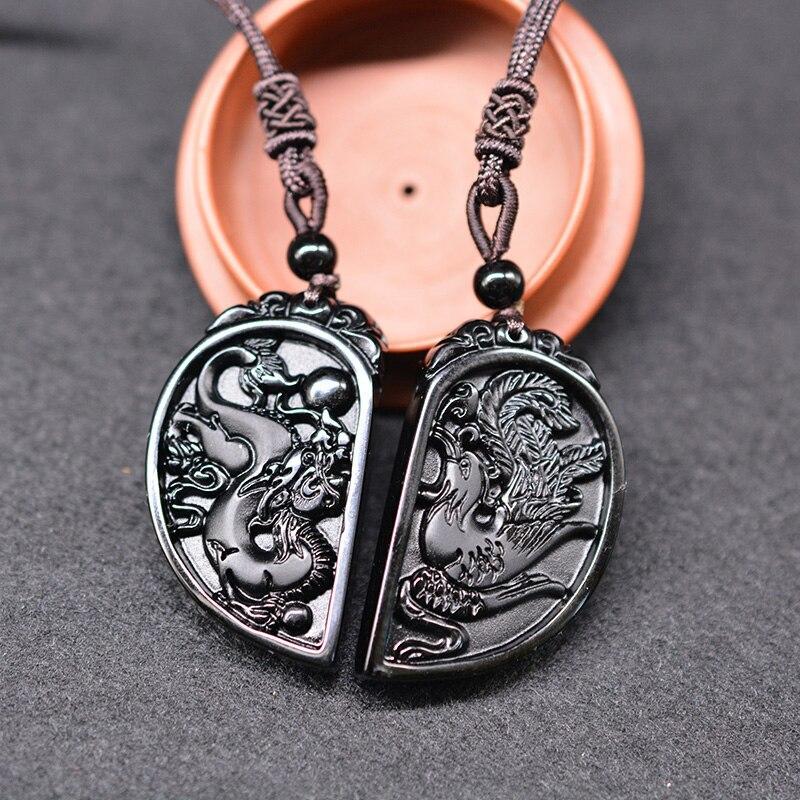 Half Heart Necklace for Couples - Obsidian Dragon and Phoenix Pendant Set - Buddha & Karma