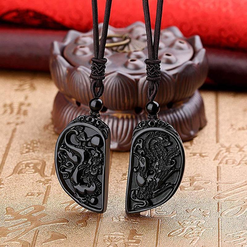 Half Heart Necklace for Couples - Obsidian Dragon and Phoenix Pendant Set - Buddha & Karma