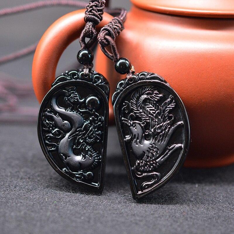 Half Heart Necklace for Couples - Obsidian Dragon and Phoenix Pendant Set - Buddha & Karma