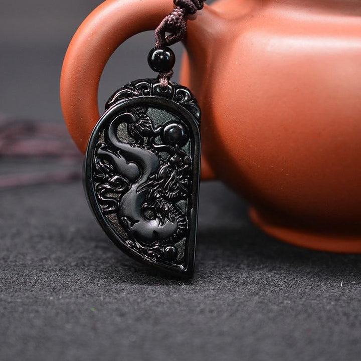 Half Heart Necklace for Couples - Obsidian Dragon and Phoenix Pendant Set - Buddha & Karma