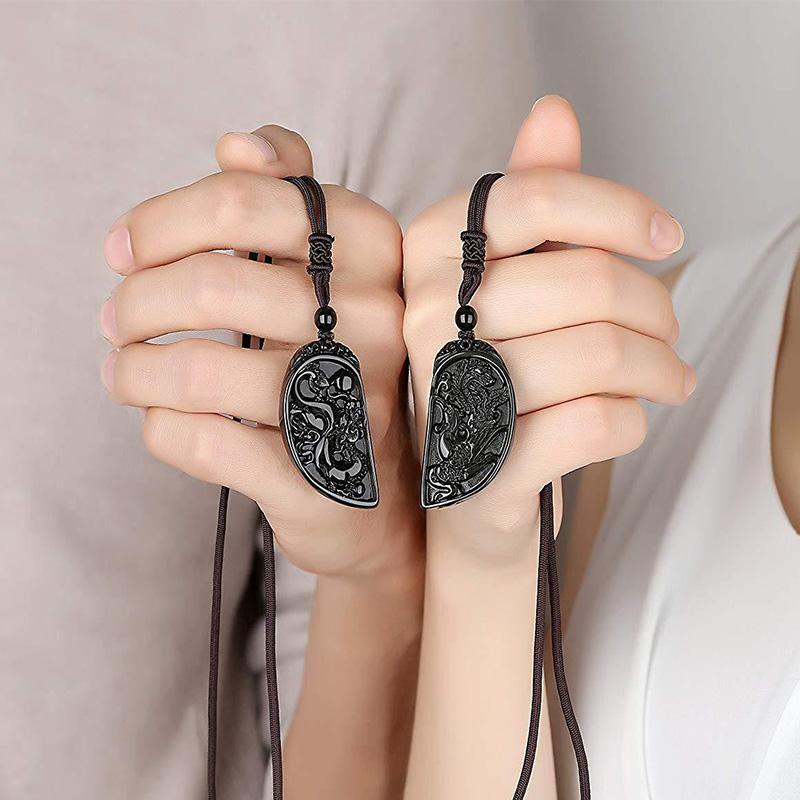 Half Heart Necklace for Couples - Obsidian Dragon and Phoenix Pendant Set - Buddha & Karma