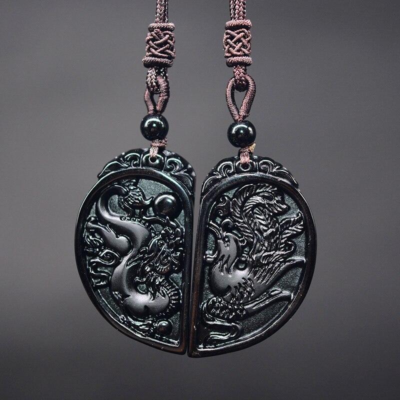 Half Heart Necklace for Couples - Obsidian Dragon and Phoenix Pendant Set - Buddha & Karma