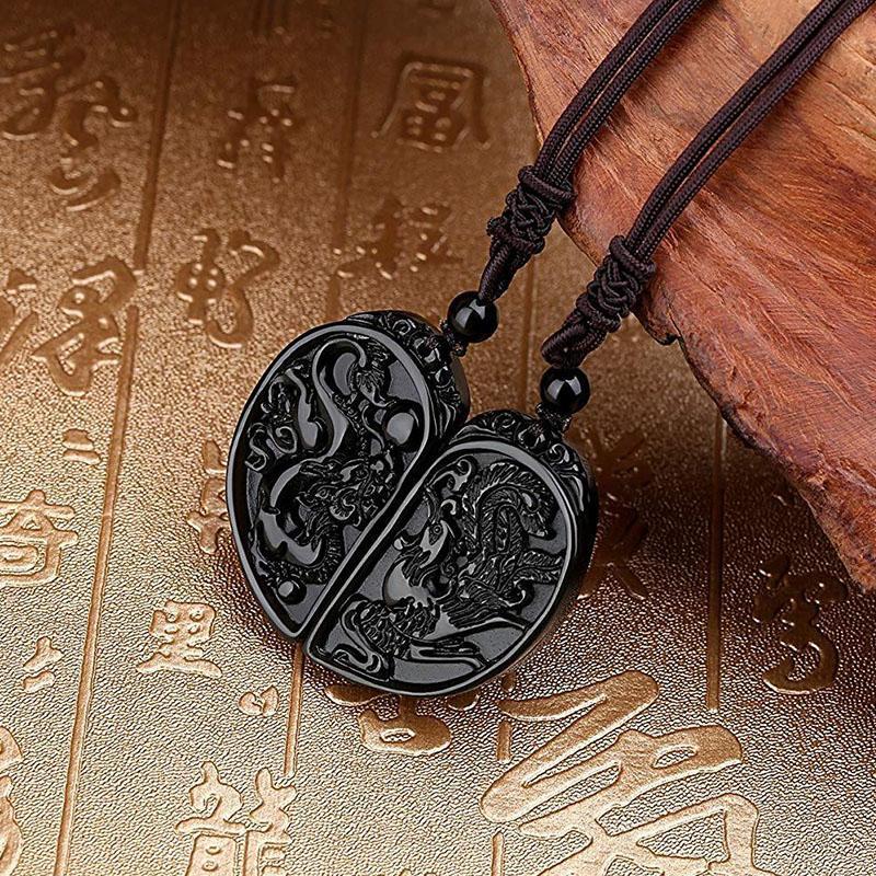 Half Heart Necklace for Couples - Obsidian Dragon and Phoenix Pendant Set - Buddha & Karma