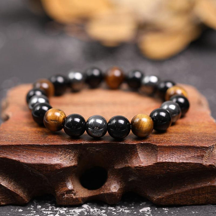 Triple Protection Bracelet - Tiger’s Eye, Obsidian, Hematite - Buddha & Karma