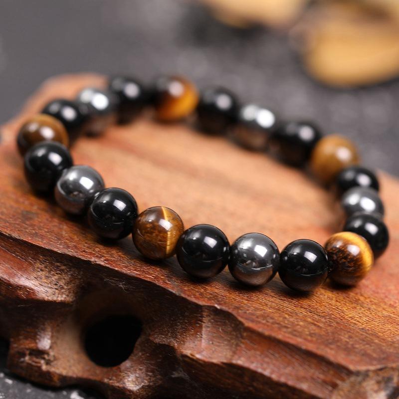 Triple Protection Bracelet - Tiger’s Eye, Obsidian, Hematite - Buddha & Karma