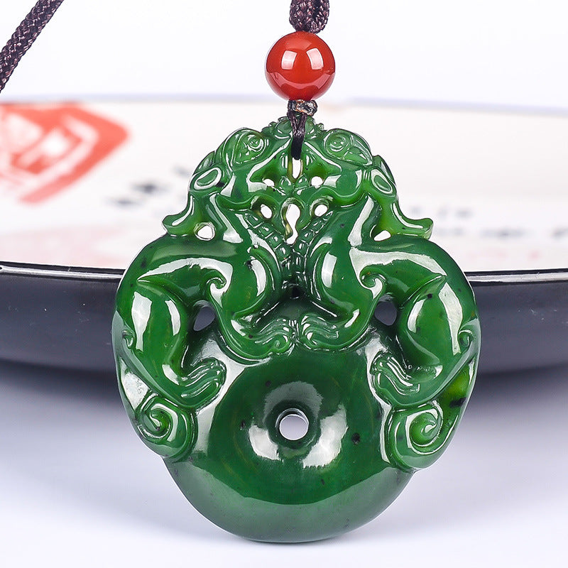 Lucky Double Pixiu Hetian Jade Necklace - Fulfill Dreams & Money Luck - Buddha & Karma