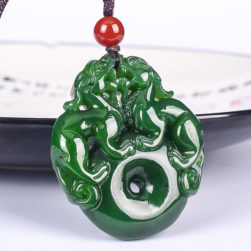 Lucky Double Pixiu Hetian Jade Necklace - Fulfill Dreams & Money Luck - Buddha & Karma