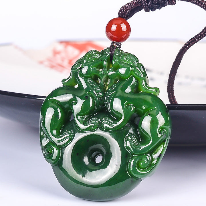 Lucky Double Pixiu Hetian Jade Necklace - Fulfill Dreams & Money Luck - Buddha & Karma