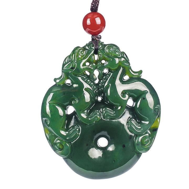 Lucky Double Pixiu Hetian Jade Necklace - Fulfill Dreams & Money Luck - Buddha & Karma