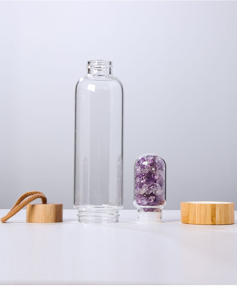  GPPSUNGD Botella de agua de cristal de cristal, botella  energética de cristal natural con piedra preciosa central de elixir de  cristal para curación y bienestar (rosa) : Hogar y Cocina